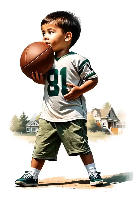 Child Looking At The Sky With A Football Ball In His Hand And The Background Neighborhood