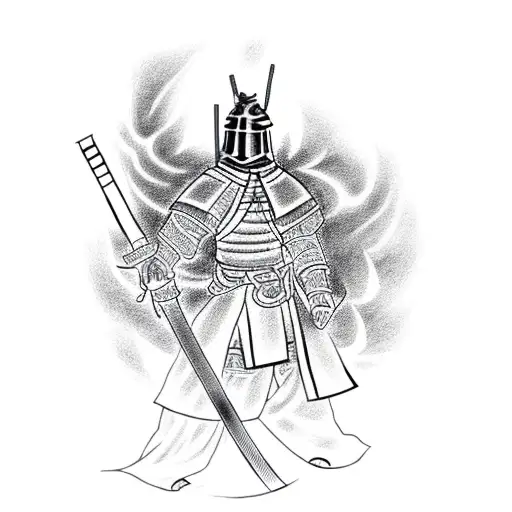 Japanese Knight Holding A Fire Sword