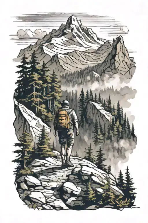 Trail Up A Mountain With A Hiker Taken From A Forrest