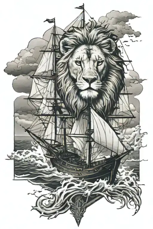 Lion And Ship Sailing Through Stormy