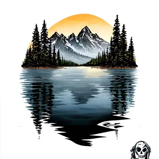 A Silhouette Of A Mountain Range Reflecting In A Tranquil Lake With A Hidden Voodoo Doll