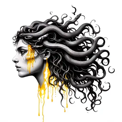 A Black And White Medusa Head Wither Her Hair Of Snakes And Have Her Crying Golden Tears