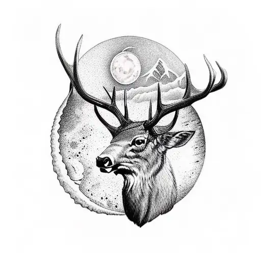 Elk Skull With Mountains And Moon Within The Antlers