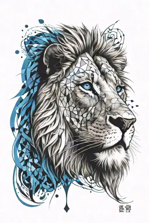 Lion Face With Blue Eyes Surrounded With Metric Patterns