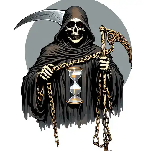 A Full Body Grim Reaper Holding A Scythe And Hourglass With Chains Around Them
