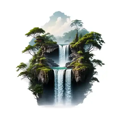 Realistic Waterfall In A Rainforest With Multiple Levels