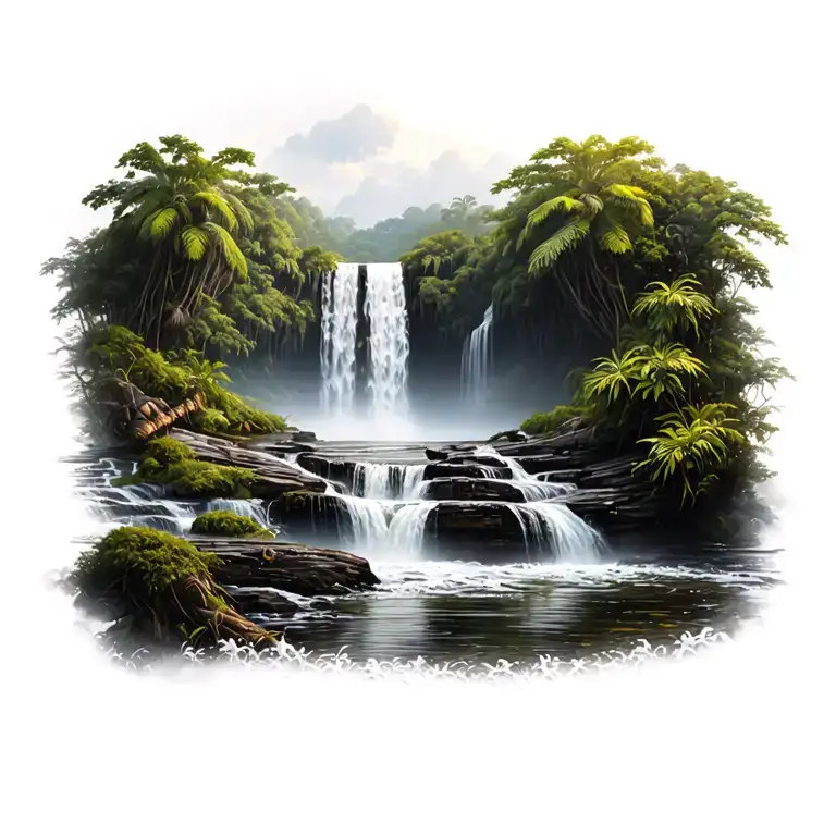 Black And Grey Reality Waterfall Scene In A Rainforest With Multiple Water Levels