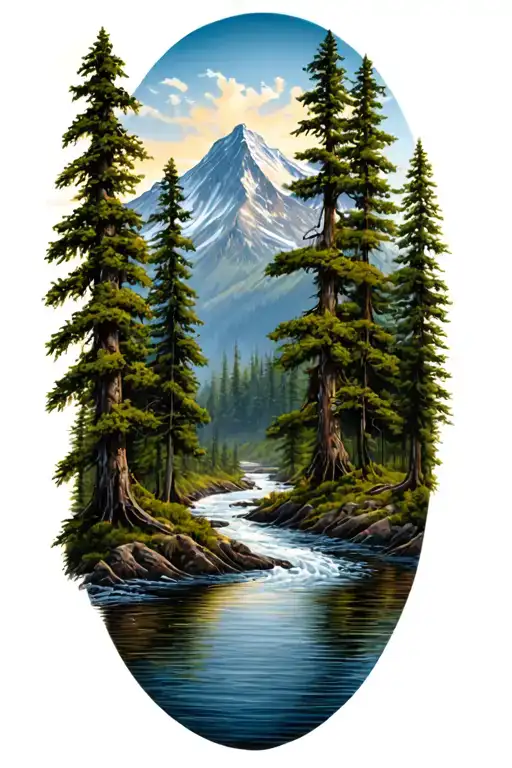 Tall Trees With River Running Between Them And A Mountain In The Background