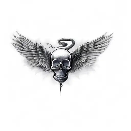 A Skull With A Snake In It With Wings On A Black Background
