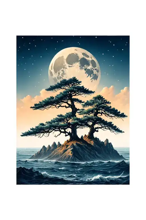 Mountains Realistic Trees Sea Moon Cool Masculine