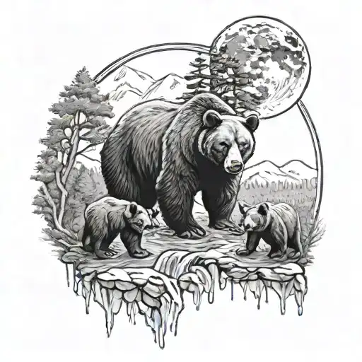 Black Bear Family With Water Fall And Full Moon