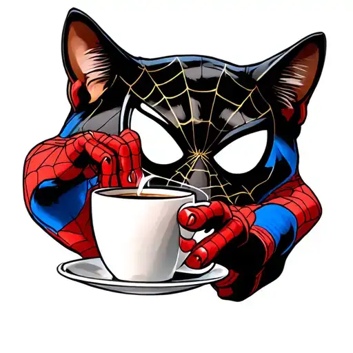 Spiderman Drinking Coffee And A Cat