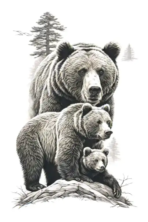 Grizzly Bear Protecting Its Cubs