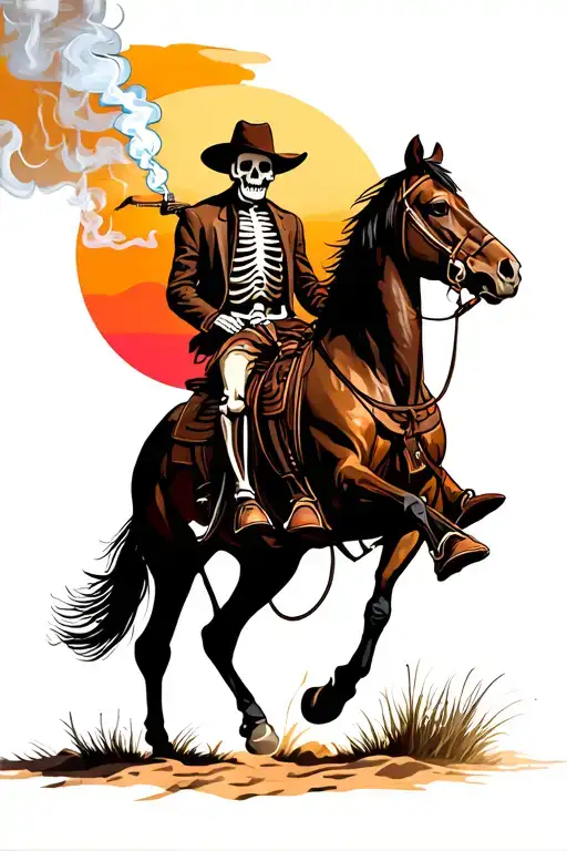 Smoking Skeleton Cowboy Riding A Horse On The Sunset