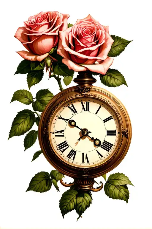 Time Clock And Roses Growing With Roman Numerals
