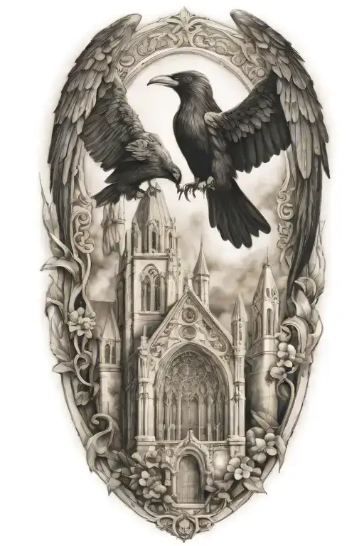 Cathedral Surrounded Crow And Angel Holding