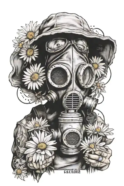 Ezkiz Tattoo Of A Man In A Gas Mask Holding One White And Yellow Daisy In His Hands