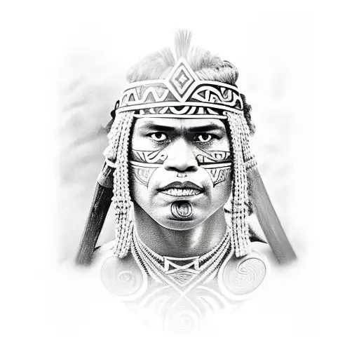 Maori Warrior With Tiaha And Marae Background