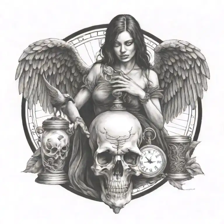 Fallen Angel Holding Hour Glass Crow