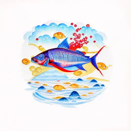 A Watercolor Painting Of A Vibrant Red Fish Swimming Alongside A Serene Blue Fish
