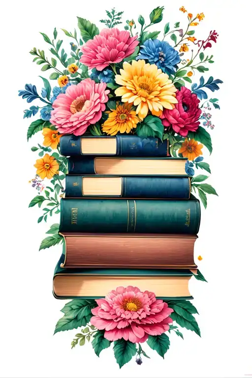 Stack Of Books Behind A Half Sleeve Of Flowers