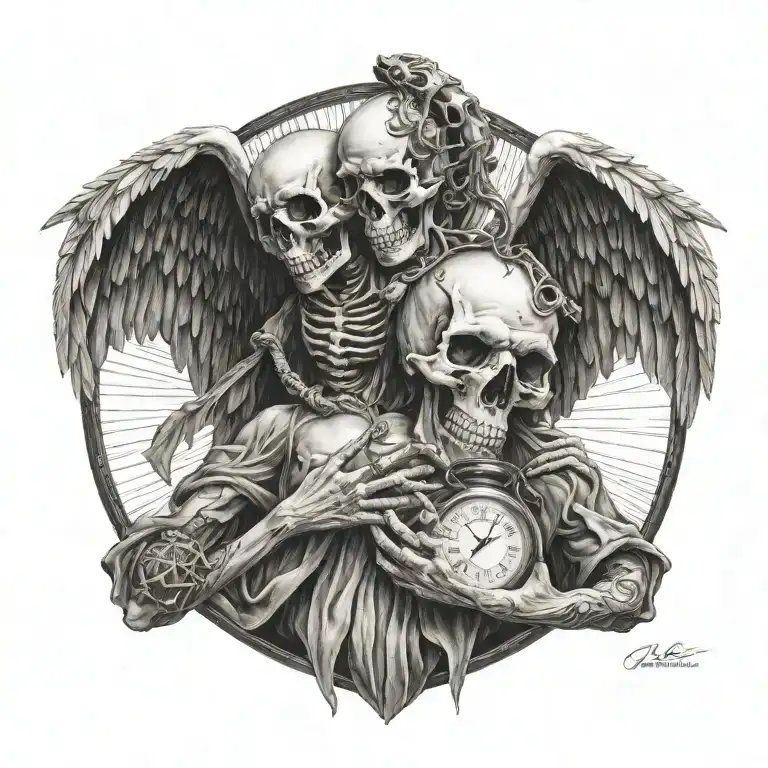 Fallen Angel Holding Hour Glass Skull