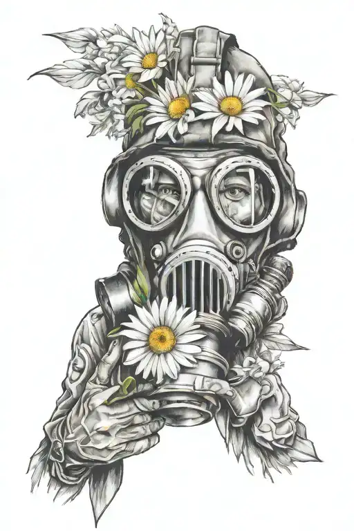 Ezkiz Tattoo Of A Man In A Gas Mask Holding One White And Yellow Daisy In His Hands