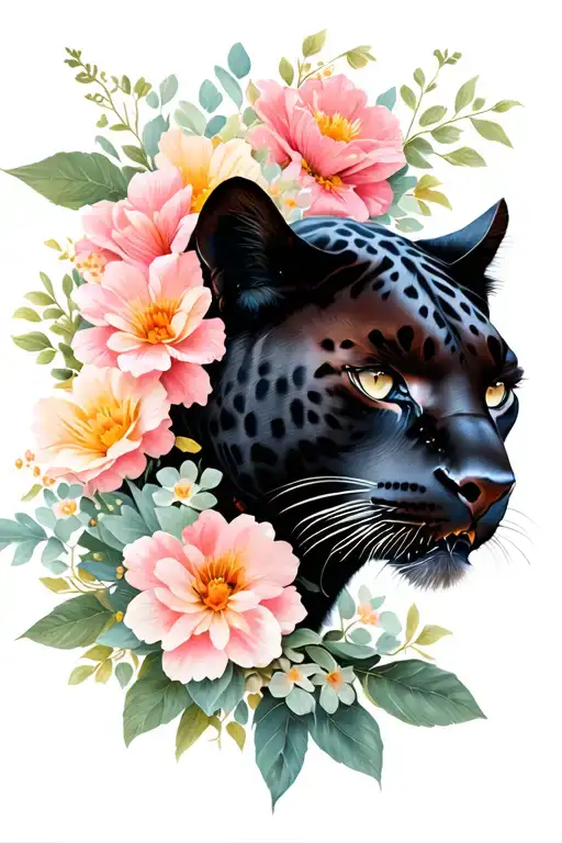 Black Female Panther With Flowers