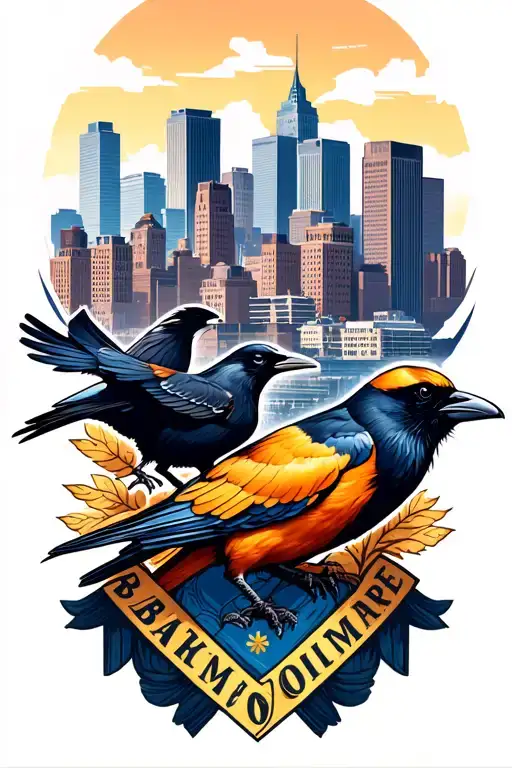 Baltimore City Skyline With Oriole And Raven On Each End