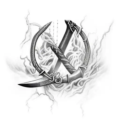 A Sword With Chains Surrounding The Word With A Lightning Ingraving In Color