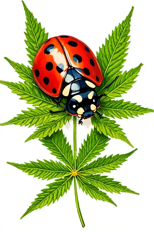 Small Realistic Ladybug Sitting On Marijuana Leaf Intertwined