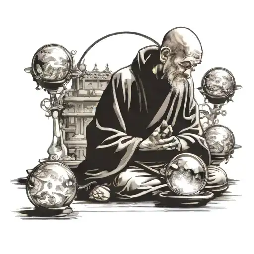 Monk In The Hood Meditating There Are 3 Orbs Above
