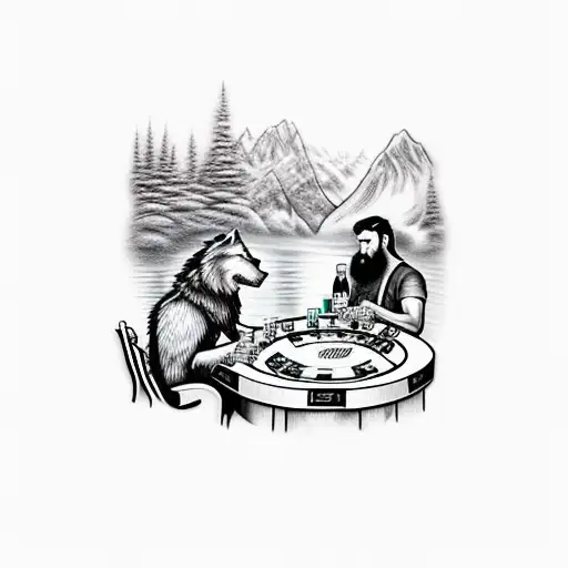 Mountain Man And A Dire Wolf Play Poker With A Bottle Of Whiskey In An Old Mountain Cabin