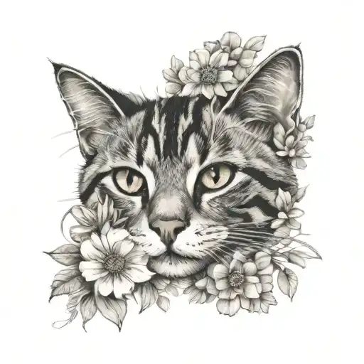 Grey Black Striped Cat Lies Between Flowers Blooming His Name Is Elli