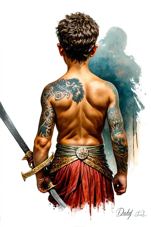 Child Warrior Roman Style Of Back That Walks Towards His Daddy