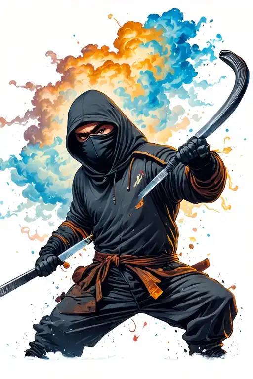 Ninja In The Mask And Hoodie With No Face Turning Nunchucks And Create Colored Quantum Cloud