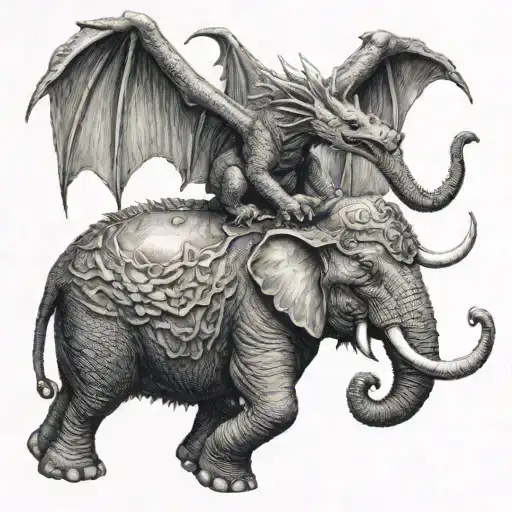 Dragon Flying Around An Elephant Tattoo Design