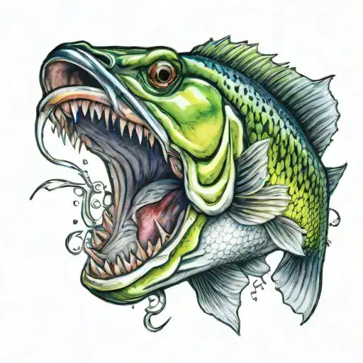 Blue And Green Bass Fish With Hook And Lure In Mouth