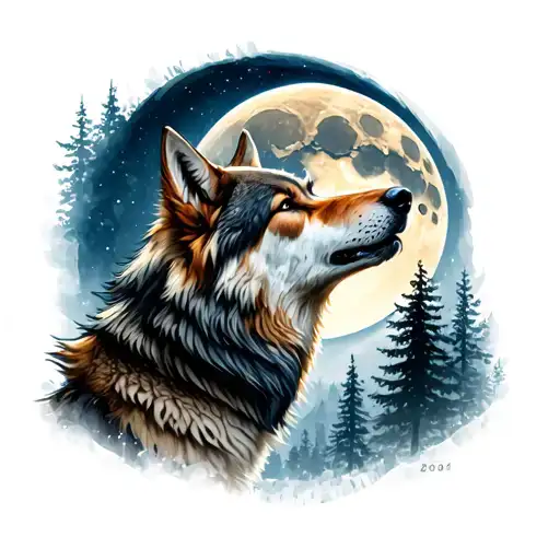Wolf Howling With The Moon In Forest