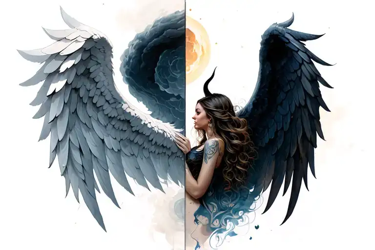 Whole Body Half Angel And Half Of The Angel Wings And A Demon Wing