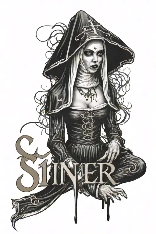 Nun Gothic Sexy Dark With The Word Sinner In Gothic Writing Above It All