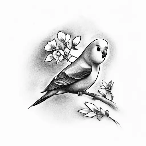 Black And Grey Lovebird Perched On A Branch With Flowers