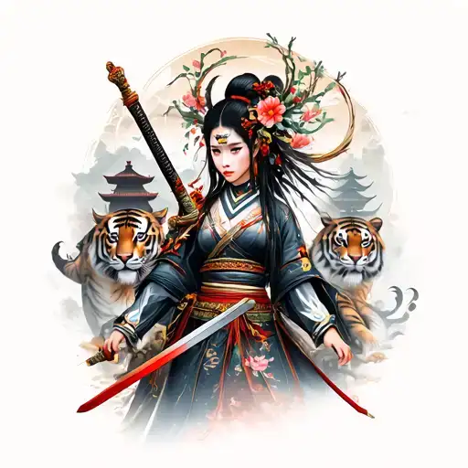 Japanese Women Warrior With Sword And Flowers Oni Mask Surrounded Tigers And Temples