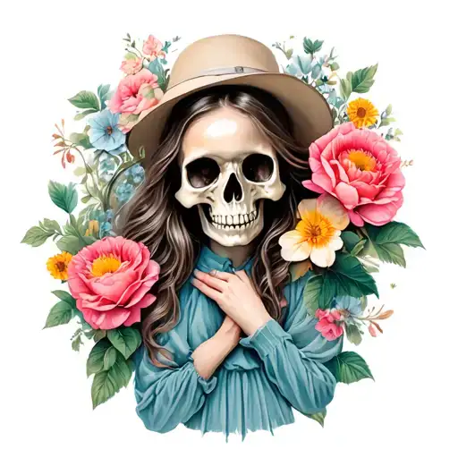 Skull Flowers Blooming Girl Holding