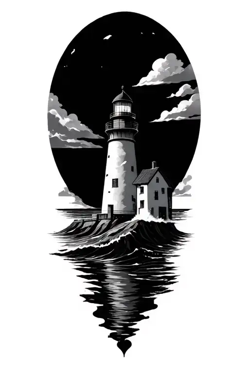 Detailed Lighthouse Ocean Silhouette Of Woman In Black Grey