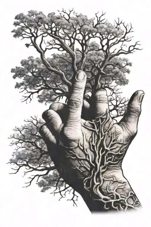 Leafless Tree Intertwined On One Finger Of A Male Hand Pointing Finger