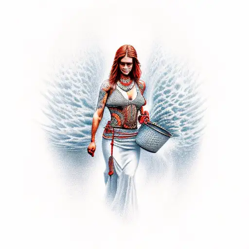A Beautiful Strong Woman Walking Out Of Red Flames Carrying Buckets Of Water