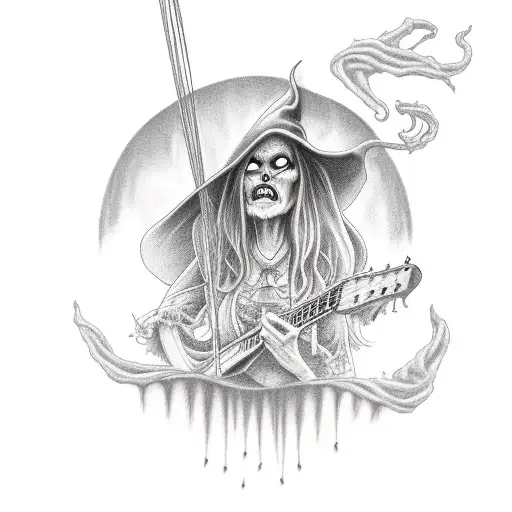 A Creepy Witch Casting A Spell With Bass Guitar Strings