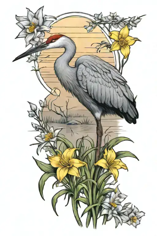 Sandhill Crane Bird Daffodils Sunset Scene
