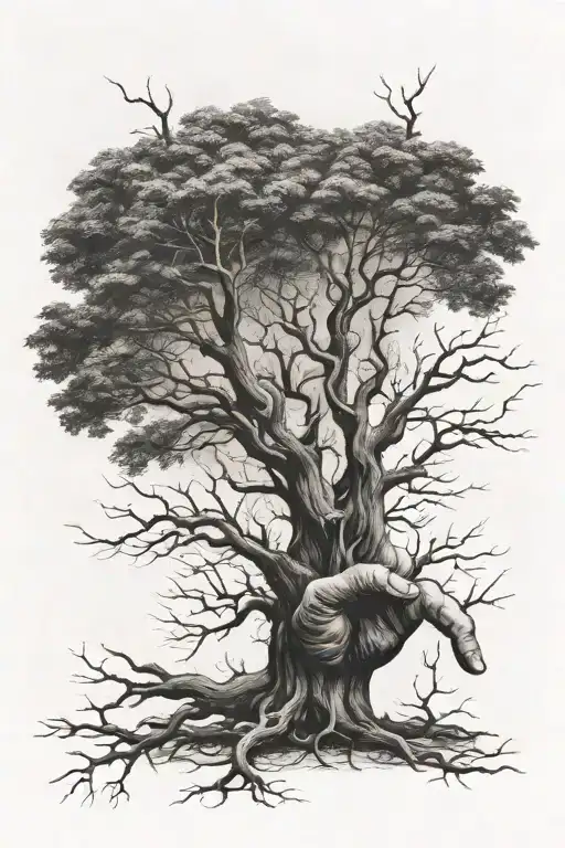 Long Leafless Tree Coming Out Of 1 Finger Of A Male Hand Pointing